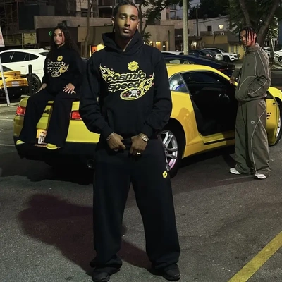 Broken planet金色火焰发泡印花连帽卫衣男美式宽松直筒卫裤套装