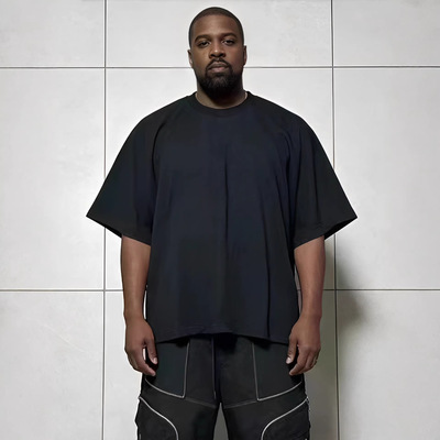 侃爷Kanye同款美式重磅高街潮牌TS-05纯色宽松拼接坎肩短袖T恤男