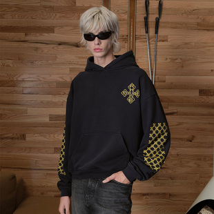 RHUDE美式潮牌复古图腾字母印花logo高街宽松重磅连帽卫衣帽衫男