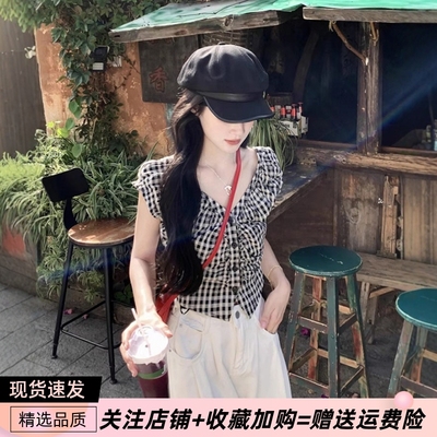 复古黑白格子无袖衬衫女夏季新款设计感小众V领修身显瘦短款上衣