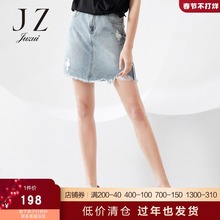 JUZUI/玖姿官方奥莱店2021夏季新款纯棉手工磨破做旧女牛仔短裙图片