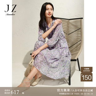 玖姿安娜蔻法式浪漫假日碎花V领雪纺收腰连衣裙女2025春季新款