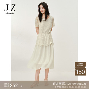 玖姿安娜蔻优雅法式风重工蕾丝假两件收腰连衣裙女2025夏季新款
