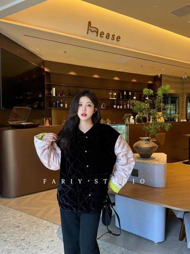 cicicoco猫头鹰欧洲站2025秋冬新款国风撞色金丝绒鹅绒羽绒服外套