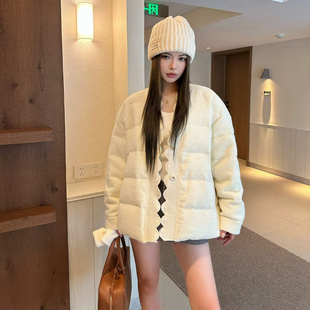 CICICOCO猫头鹰欧洲站25冬新款 V领宽松休闲毛呢鹅绒羽绒服外套女