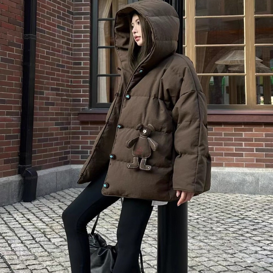 CICICOCO猫头鹰小熊羽绒服2025冬欧洲站欧货90白鹅绒连帽加厚外套