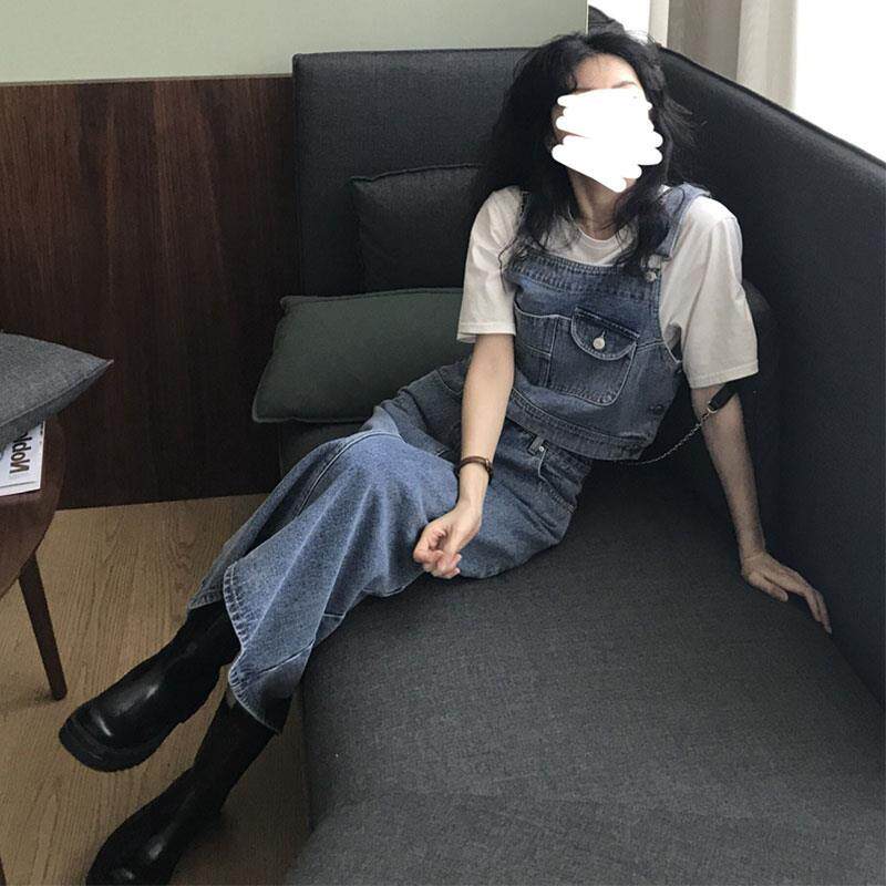 데님 조끼 서스펜더 스커트 정장 여름 2024 새로운 스타일의 투피스 스커트 세트는 작은 여성을 위해 더 크고 날씬해 보이게 만듭니다