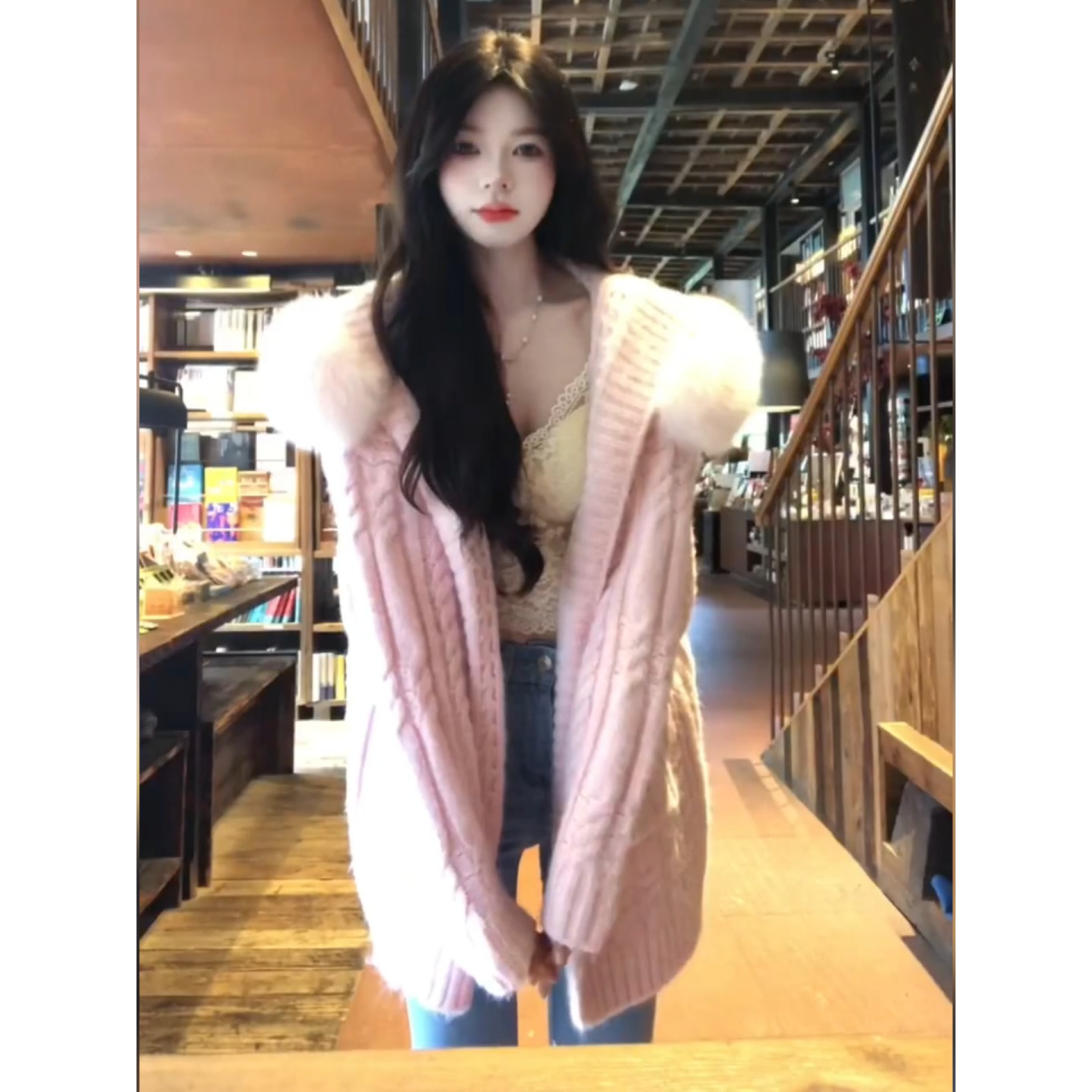 慵懒风甜美粉色毛领连帽毛衣外套女秋冬季巨好看宽松针织开衫上衣