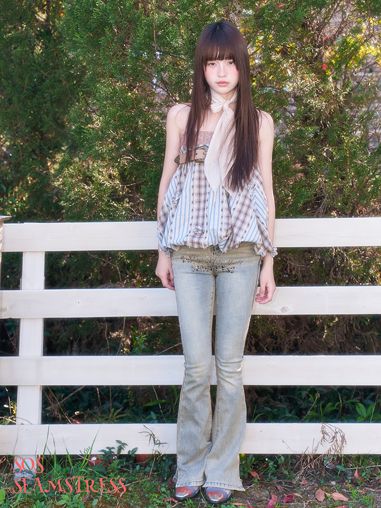 thumbnail for SOS SEAMSTRESS original design: beige check panels, vintage carved buckle bandeau top, skirt and two wears