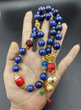 手工原创天然12mm青金石项链红色配珠是朱砂桶珠中式国风汉服配饰