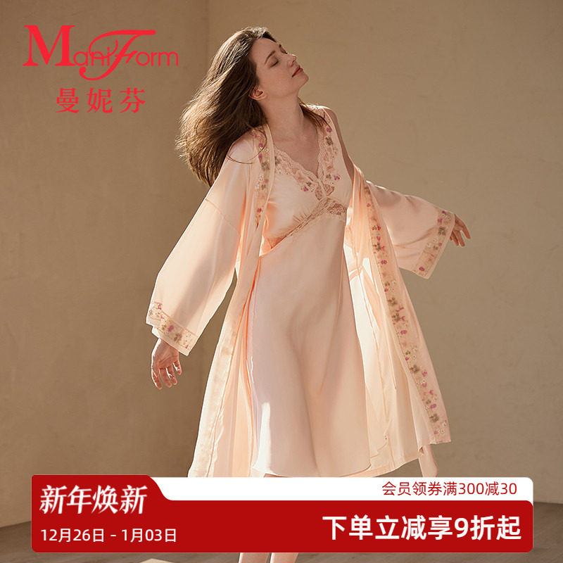 曼妮芬女士性感蕾丝刺绣睡袍中长款外披浴袍家居服舒适