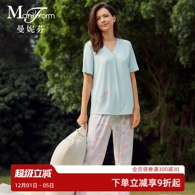 曼妮V领短袖长裤套装女士家居服