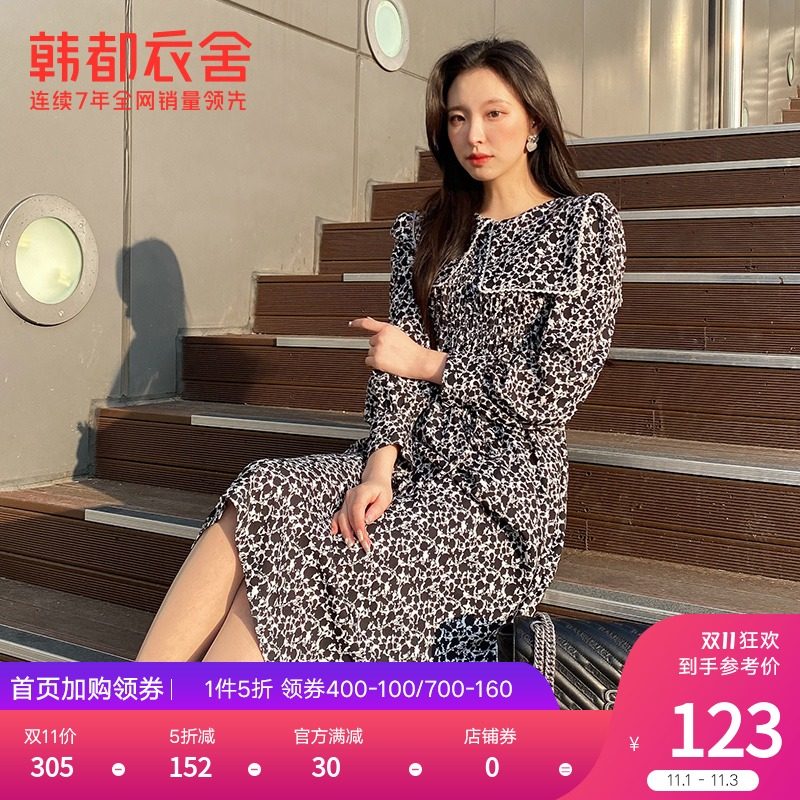 韩都衣舍outlets大翻领雪纺碎花裙女2021春装新款连衣裙