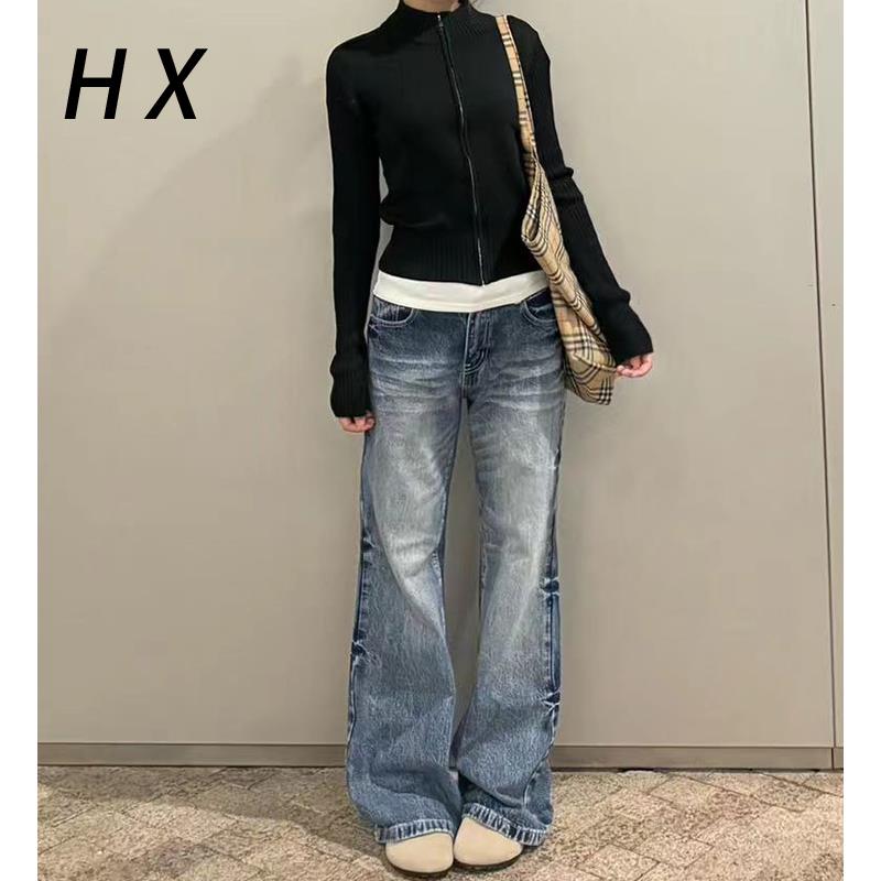 美式低腰阔腿牛仔裤女2024新款复古裂痕宽松不贴腿直筒微喇拖地裤