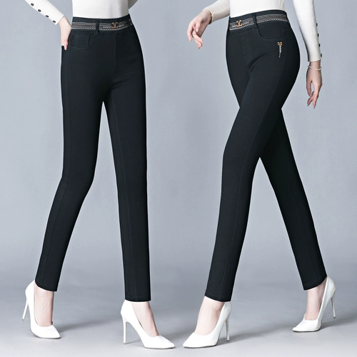 Темные черные джинсы, утепленные эластичные штаны для матери, коллекция 2023, осенние, высокая талия