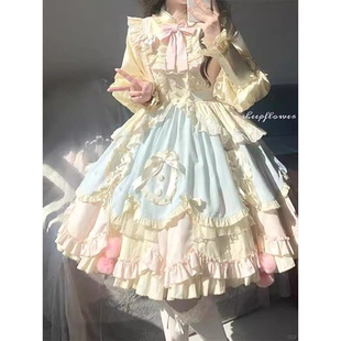 蓝粉可爱甜美洋气lolita长袖连衣裙OP蓬蓬在逃公主裙洛丽塔秋冬款
