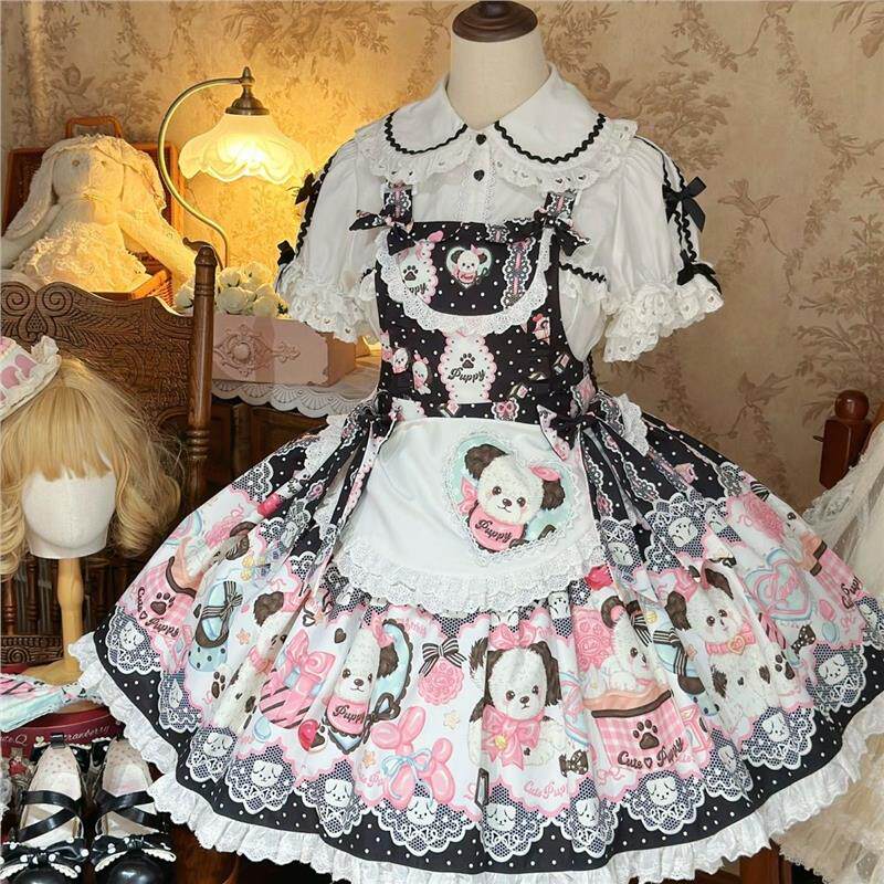 言然Lolita原创设计洋装时尚田园风夏日复古可爱OP款印花连衣裙女