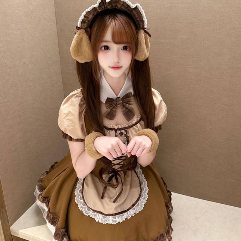 柴犬女仆日系萝莉可爱咖色女仆装Lolita软妹连衣裙格纹拼接套装