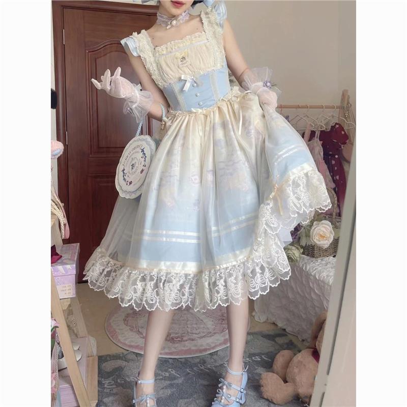 洛丽塔裙子原创设计Lolita芭蕾兔鱼骨jsk渐变印花优雅华丽背带裙