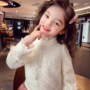 女童加绒打底衫冬装2025新款儿童花边领蕾丝衬衫女孩韩版气质上衣