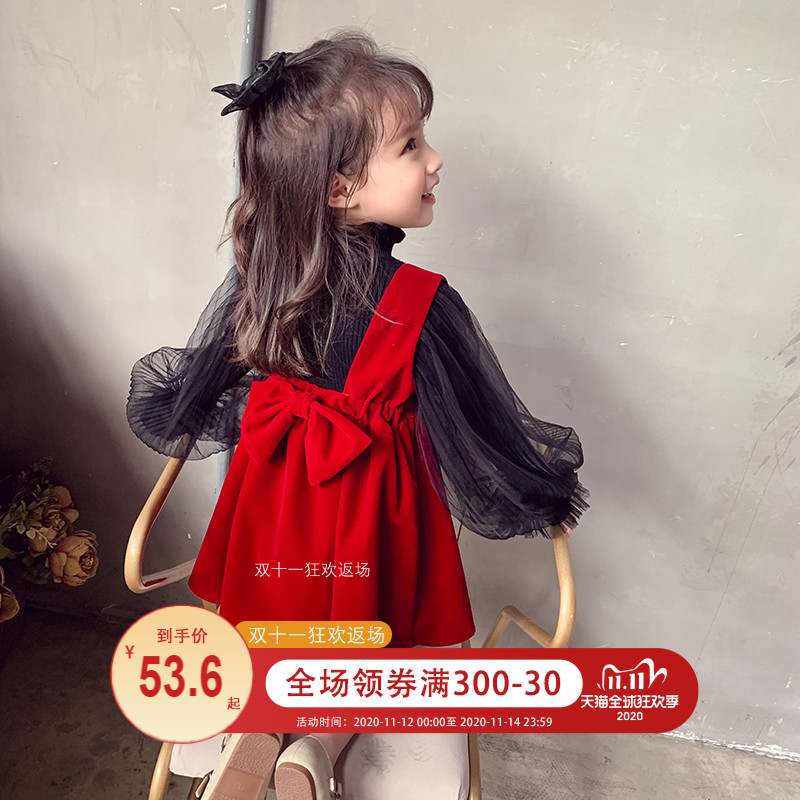 女童连衣裙秋装2020儿童网红裙子超洋气小女孩韩版红色丝绒背心裙