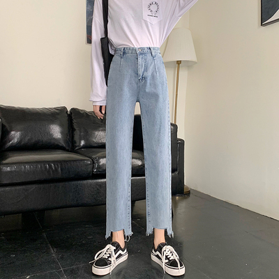韩版宽松水洗高腰牛仔裤女不规则裤脚流苏边直筒长裤5486