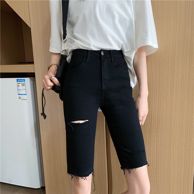 5337夏季新款破洞撕边高腰五牛仔裤