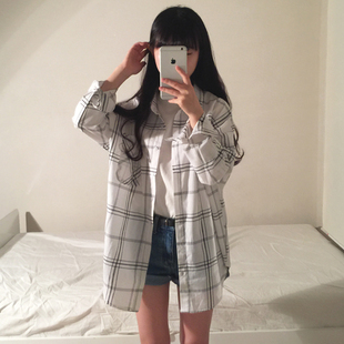 质检  秋装百搭薄外套格子开衫学生长袖衬衫防晒衫潮女 6738