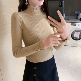 蕾丝拼接半高领针织套头纯色毛衣女士2020秋冬新款洋气打底衫上衣