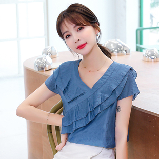 ins上衣8815 交叉短袖 宽松亮色港味小衫 荷叶边v领上衣女夏季