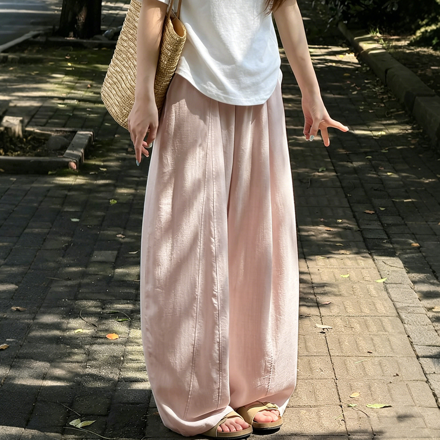粉色亚麻天丝阔腿裤女夏薄款