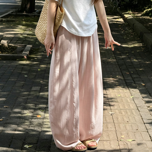 粉色亚麻天丝阔腿裤女夏薄款