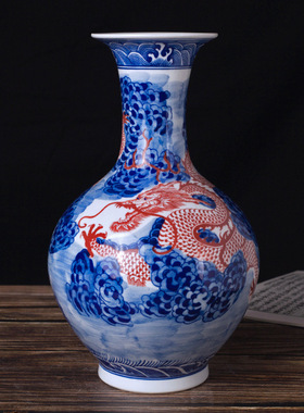 景德镇陶瓷仿古青花釉 里红花瓶 中式瓷器家居玄关装饰摆件工艺品
