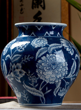 青花蓝底中式陶瓷花瓶可水培绿植鲜花 陶瓷花瓶摆件饰品 客厅摆件