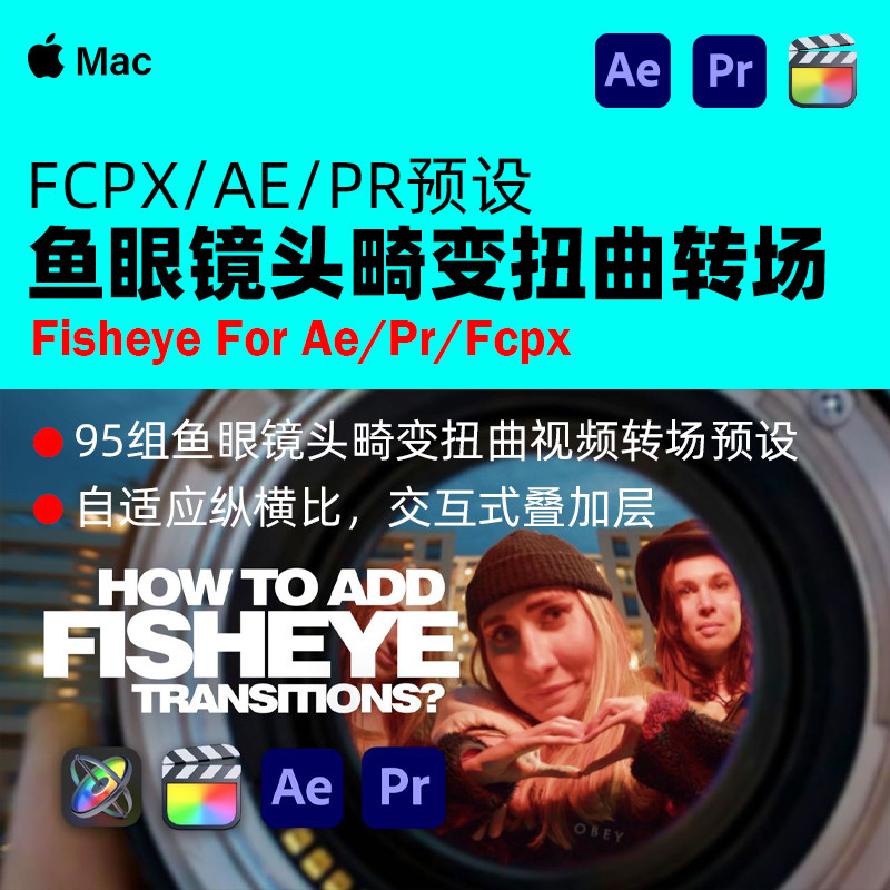 FCPX/AE/PR插件|95组鱼眼镜头畸变扭曲视频转场预设 Fisheye Mac