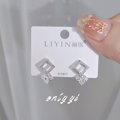 丽银925银针几何方形微镶锆石耳环女日韩通勤耳钉简约潮精致小巧