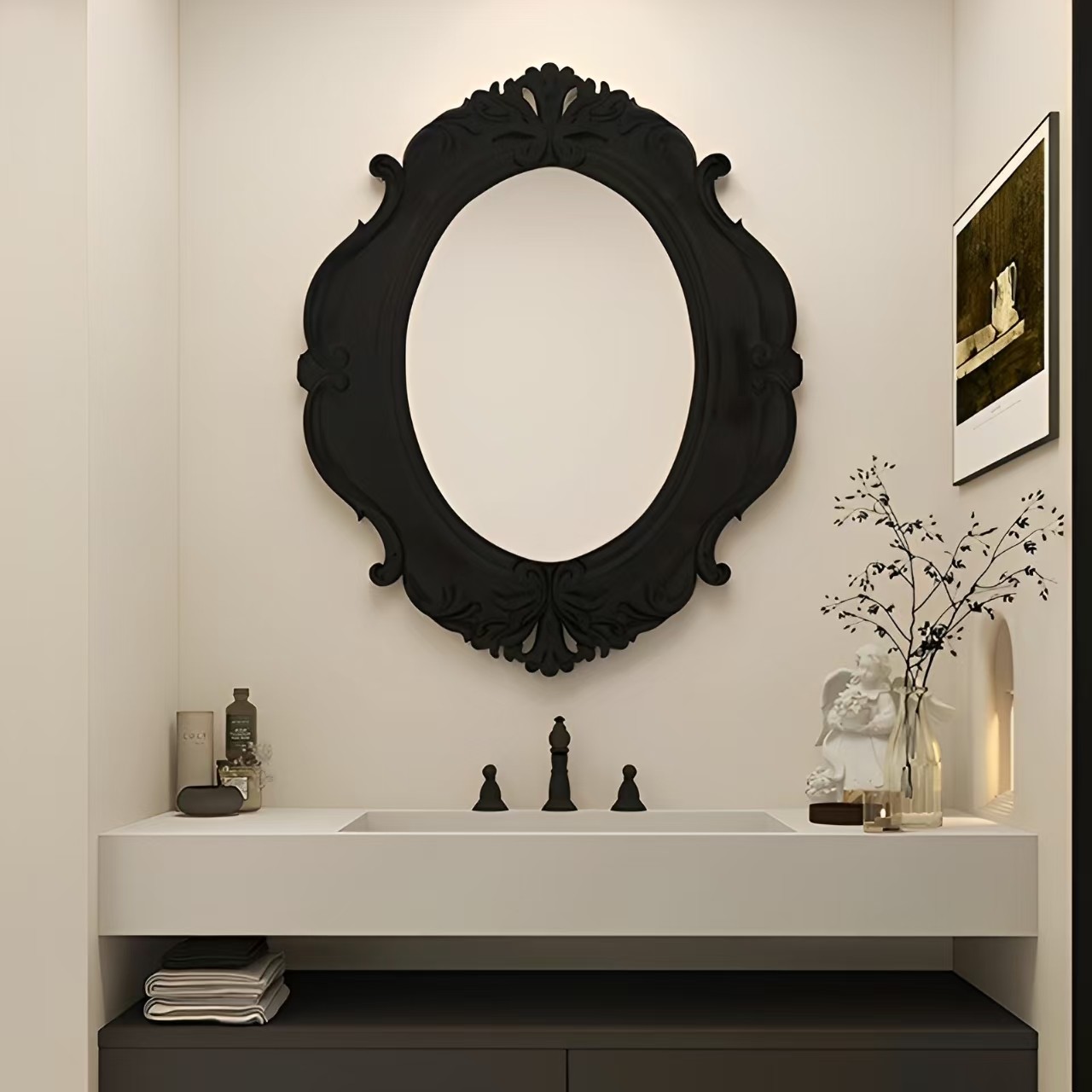 黑色椭圆形浴室镜复古艺术装饰镜法式家用壁挂化妆镜古典酒店镜子,住宅家具,化妆镜,淘宝优惠券,粉丝福利购,淘宝优惠卷