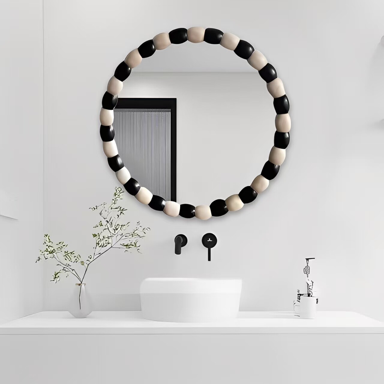 北欧ins风拼接色圆形化妆镜智能带灯黑白浴室镜民宿样板间装饰镜