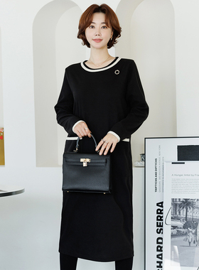 2026春秋新品淑女风圆领长袖连衣裙女中老年宽松显瘦黑色裙子气质