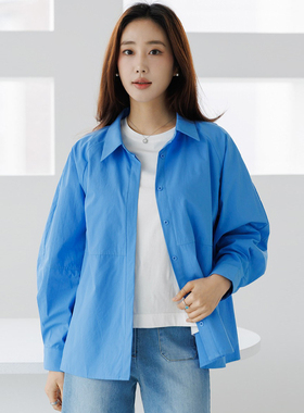 2026女士韩式休闲风蓝色长袖衬衫女宽松通勤气质衬衣松弛感上衣
