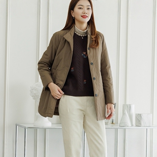 秋冬极简风立领茧型外套女冬装宽松单排扣加厚气质中老年夹棉上衣