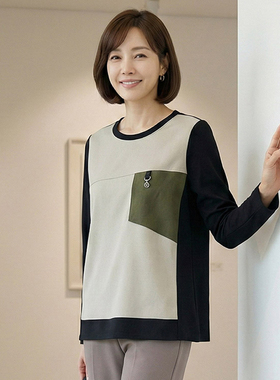 2026新品春季中老年女装长袖拼色圆领上衣宽松显瘦妈妈装通勤穿搭