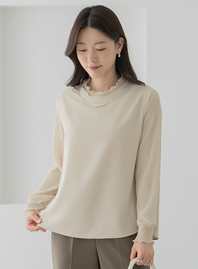 2026年韩国春季长袖蕾丝半高领打底百搭时尚女装T恤上衣珍珠搭配