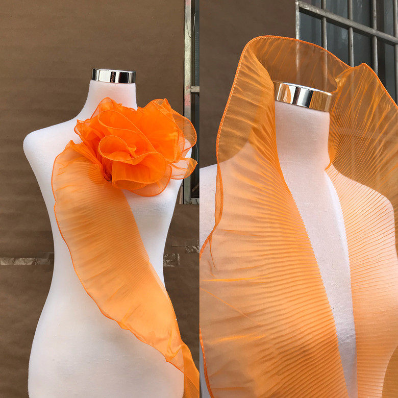 一米价宽13CM橙色宽荷叶花边波浪大花边百褶皱设计师花边辅料