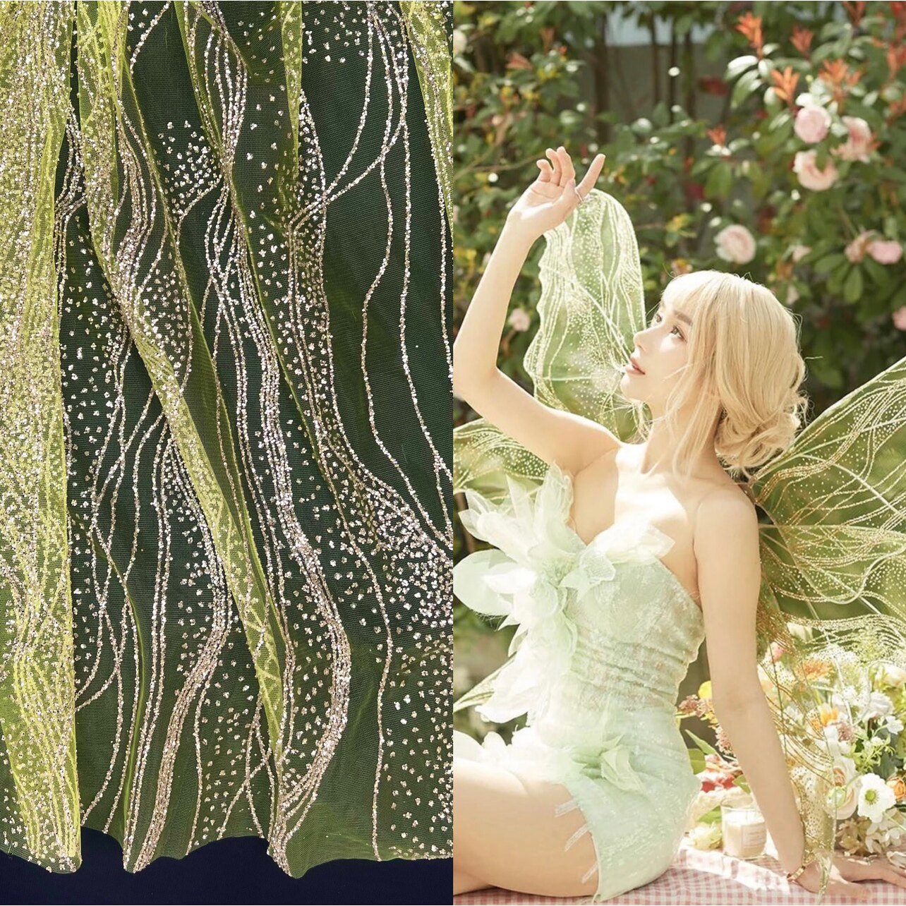 高品质香槟金银白色水波纹波浪烫粉金婚庆亮片网纱表演服布料面料