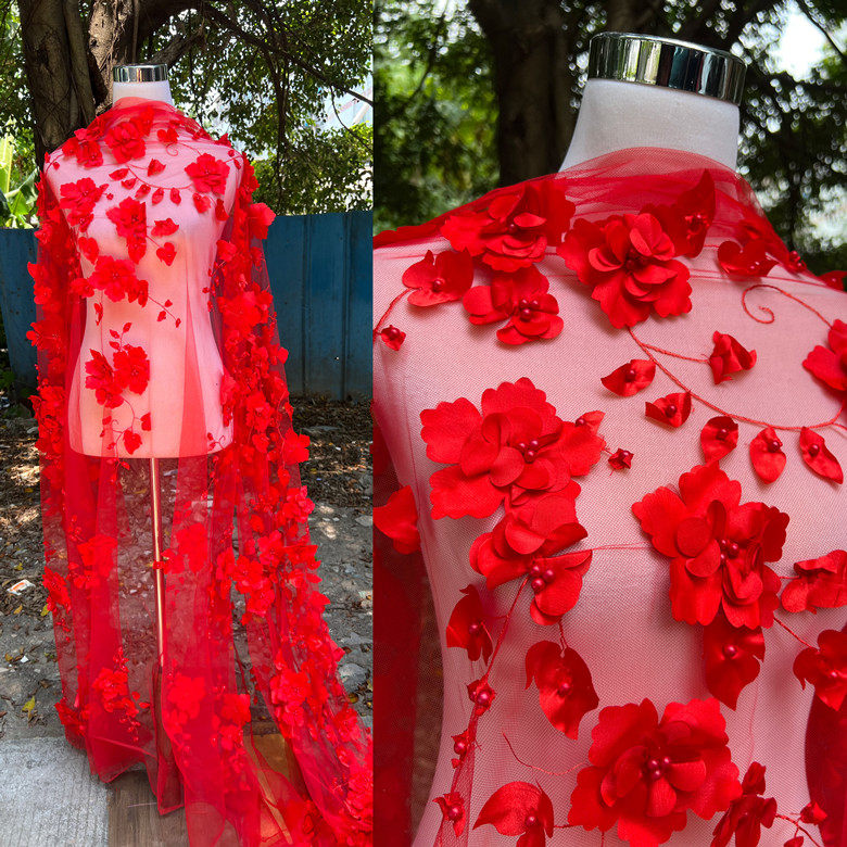 新款彩色3D立体网纱大花朵粉色刺绣蕾丝面料服装连衣裙童装布料