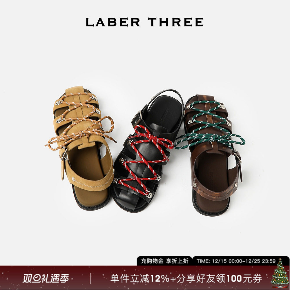 LABER THREE 新品脚感舒适个性时髦编织撞色绑带经典罗马平底凉鞋