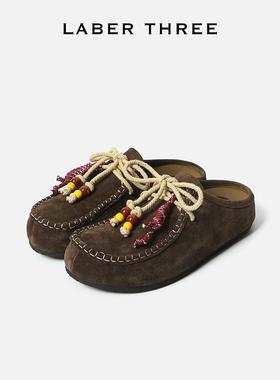 LABERTHREE 休闲挂绳串珠勃肯包头拖懒人一脚蹬饼干家居休闲拖鞋