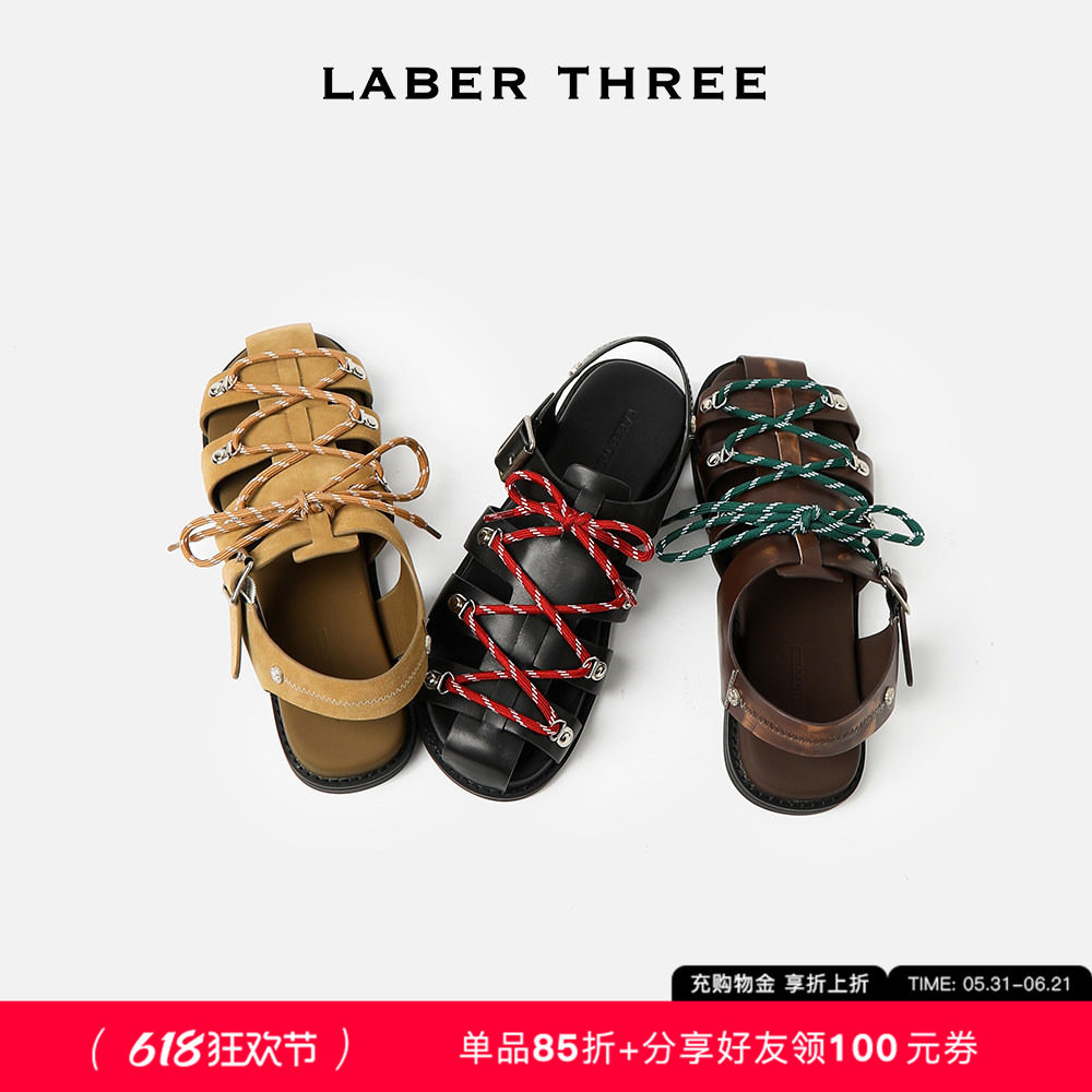 LABER THREE 新品脚感舒适个性时髦编织撞色绑带经典罗马平底凉鞋