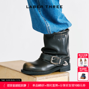 LABERTHREE26秋冬新品束影短靴复古做旧金属扣机车靴宽筒厚底女靴